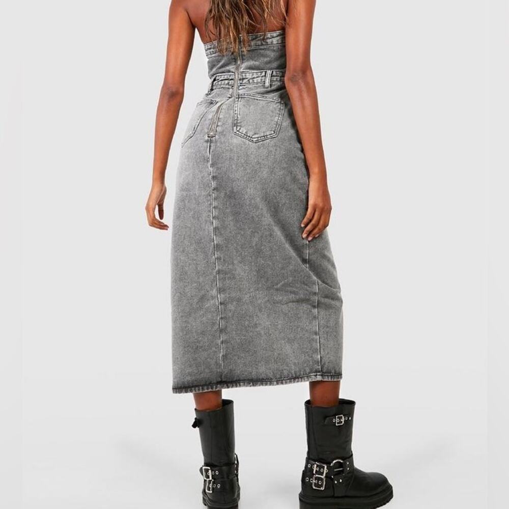 DISTRESSED GRAY DENIM BANDEAU SPLIT FRONT MIDI DRESS SZ L 12-14 - Picture 2 of 8